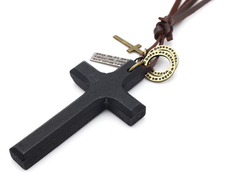 Natural Cross Leather Cord Necklace