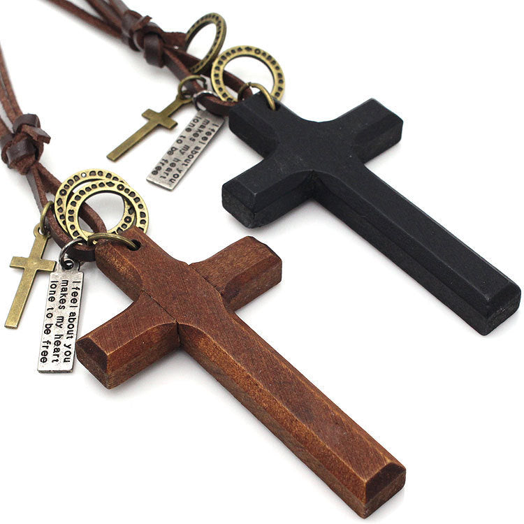 Natural Cross Leather Cord Necklace